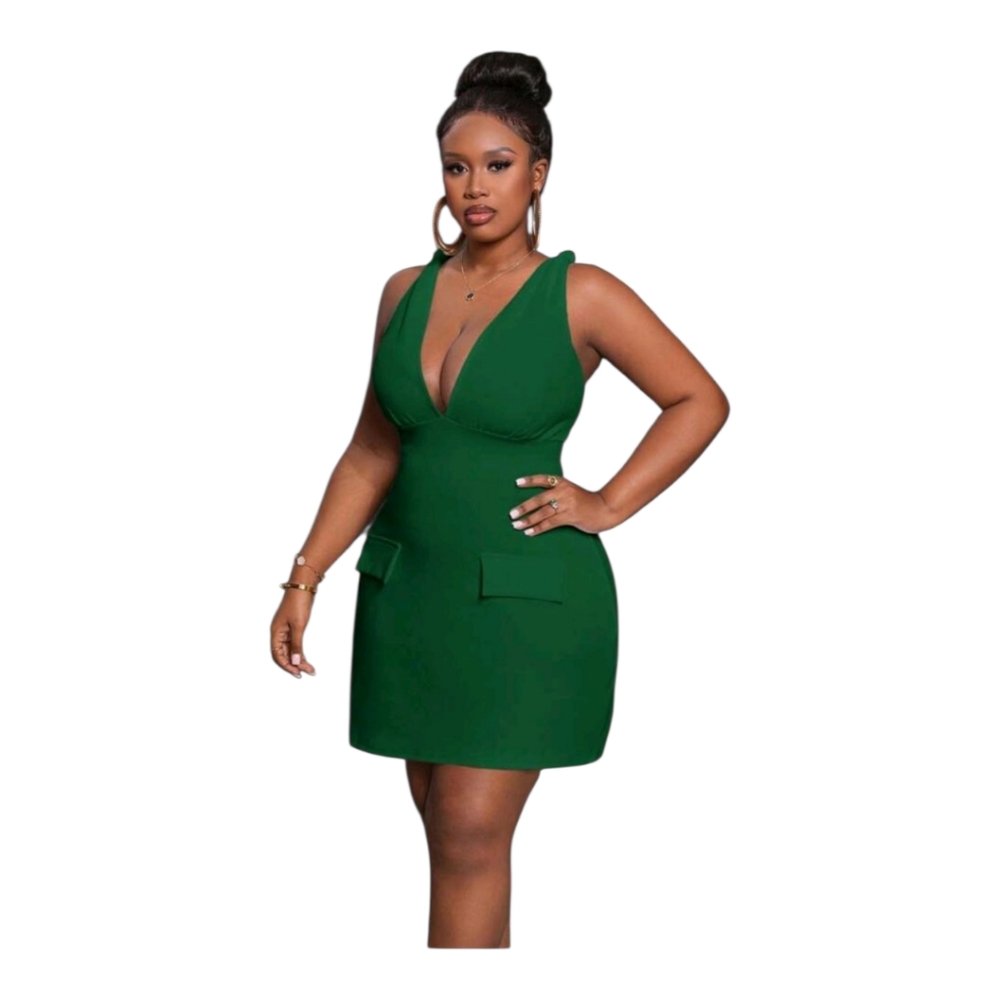 Emerald Green Sheath Mini Dress with Plunge Neckline